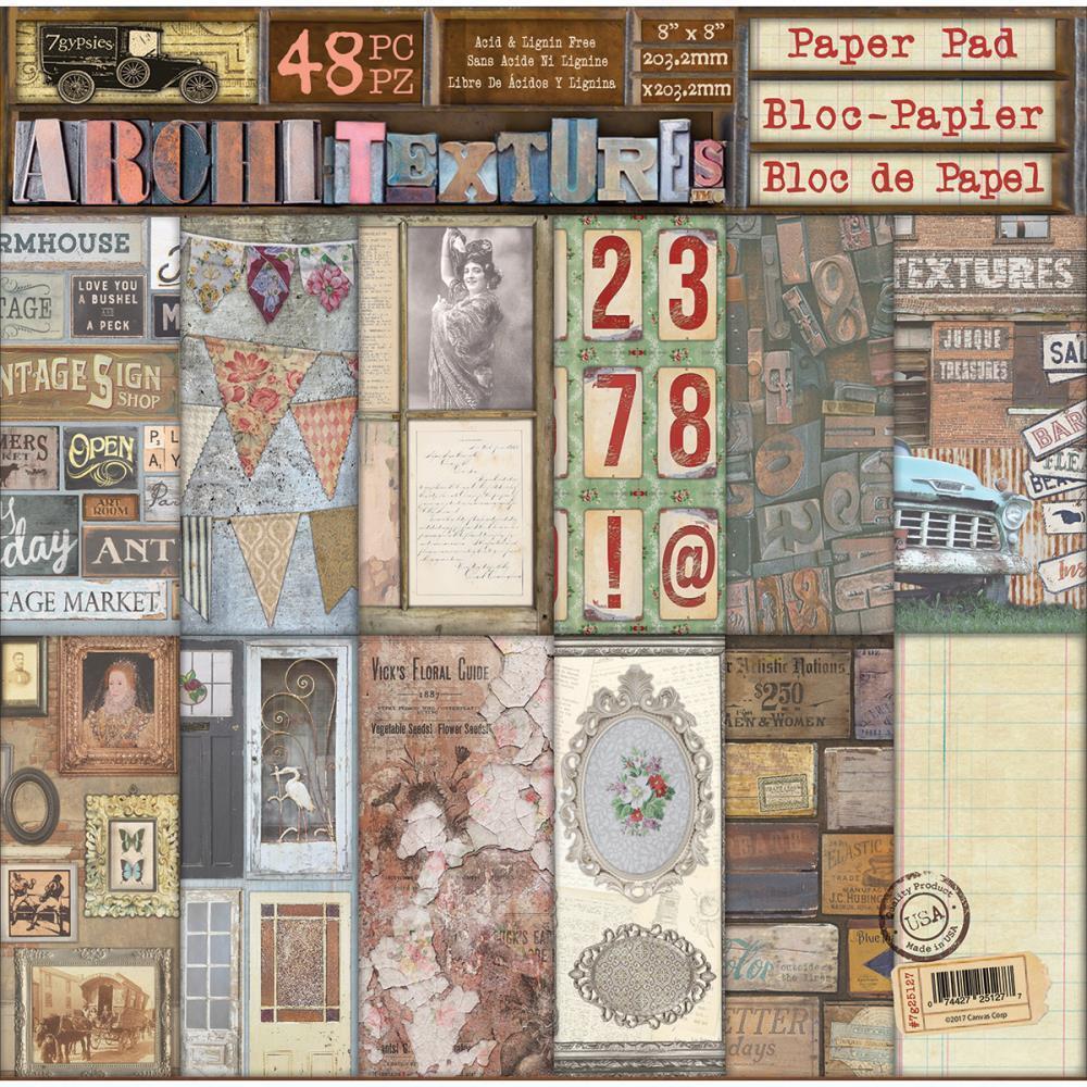 7 Gypsies Double-Sided Paper Pad 8X8 48 pack Architextures, 12 Designs 4 Each