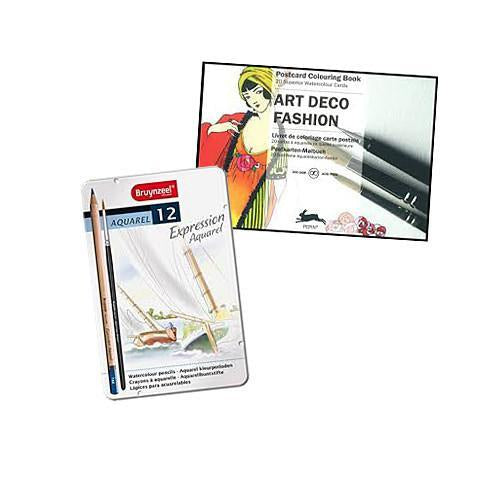Amazing Bruynzeel Aquacolour pencils and one brush with BONUS Pepin Art Deco Fashion Colouring Book