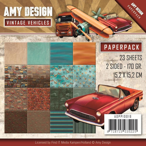 Amy Design Double-Sided Paper Pack 6 inch X6 inch 23 pack Vintage Vehicles, 16 Double-Sided Design